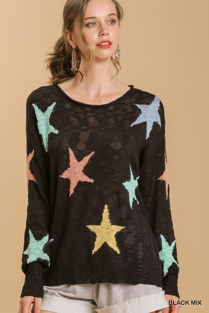 Umgee Star Pattern Round Neck Long Sleeve Pullover