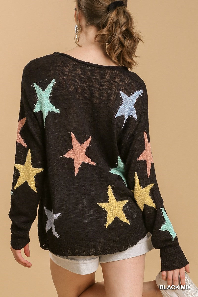 Umgee Star Pattern Round Neck Long Sleeve Pullover