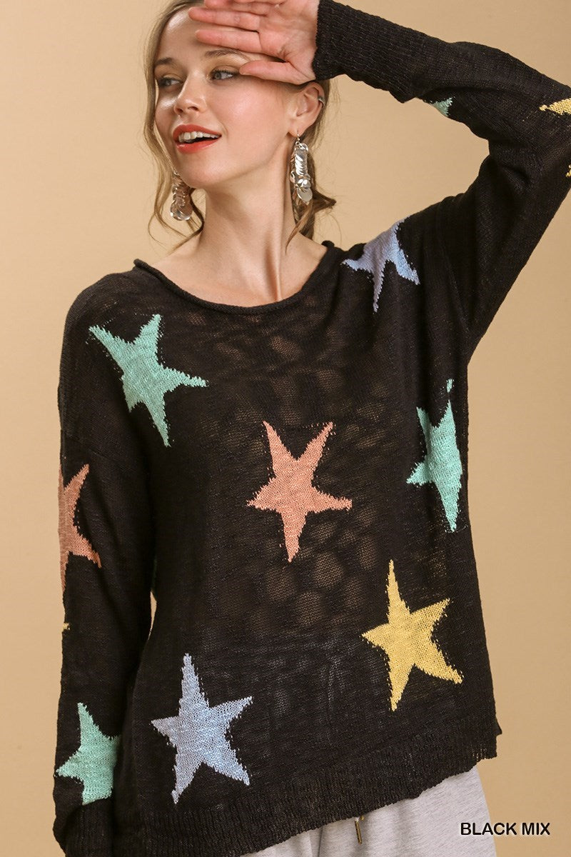 Umgee Star Pattern Round Neck Long Sleeve Pullover